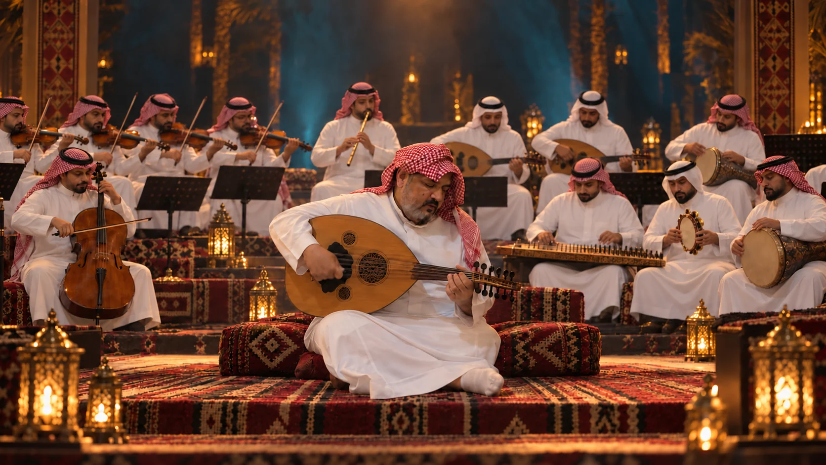 The same man playing the oud inside a Saudi orchestra on a cinematic stage