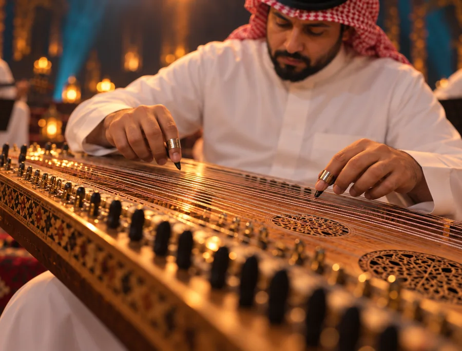 A qanun player in the orchestra, close up