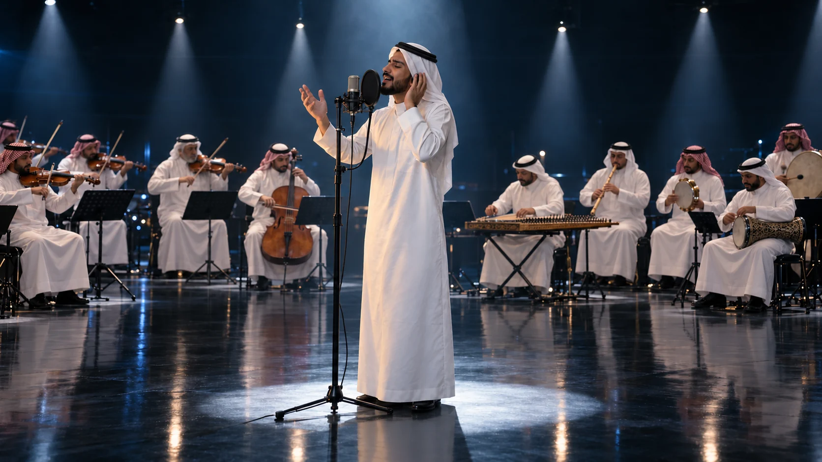 The same man singing in a large studio surrounded by a Saudi orchestra