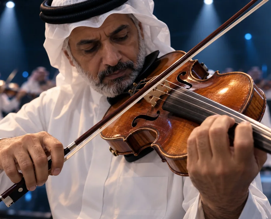 A Saudi violinist in the orchestra, close up